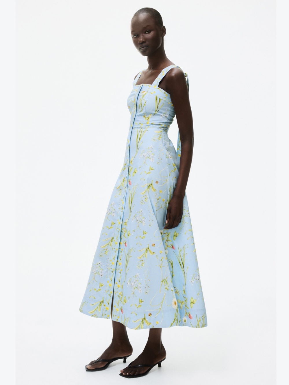H&M Cotton Light Blue Floral Tie-Top Shoulder Strap Midi Dress - Size M - BNWT